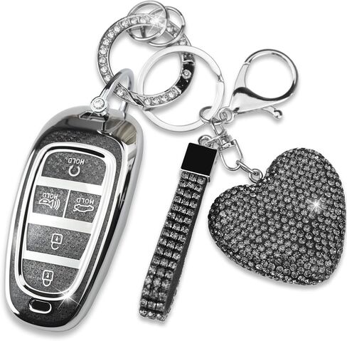 Fit for Hyundai Key Fob Cover with Diamond Keychain, Compatible with Hyundai 2020-2023 Sonata Santa fe Tucson Smart Key Protector for Women (5 Buttons, Silver) in Saudi Arabia
