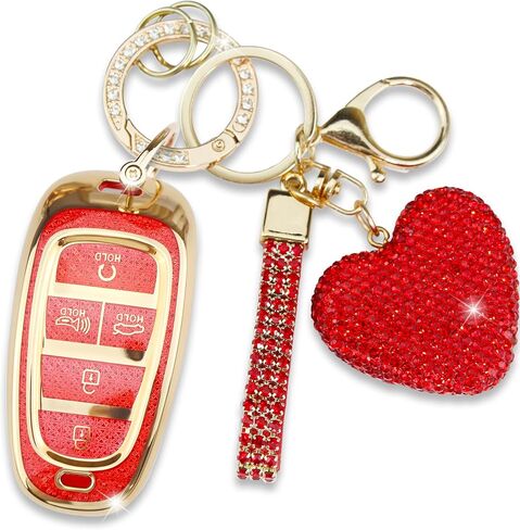 Fit for Hyundai Key Fob Cover with Diamond Keychain, Compatible with Hyundai 2020-2023 Sonata Santa fe Tucson Smart Key Protector for Women (5 Buttons, Silver) in Saudi Arabia