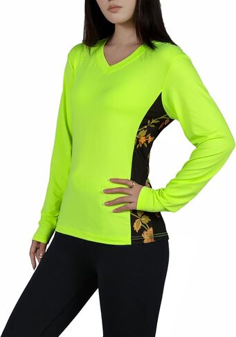 Women's UPF 50+ Sun Protection Long Sleeve Shirt, V-Neck Cooling Hiking Workout Top, High Visibility Bright Neon Color in Saudi Arabia