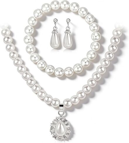 CSIYANJRY99 Pearl Necklace and Earring Set Faux Pearl Prom Jewelry Sets for Women Imitation Beaded Pearl Necklace Bracelet Stud Earrings for Women in Kuwait