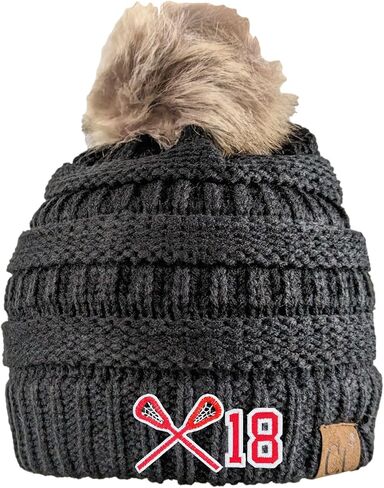 Women's Custom Lacrosse LAX Sticks Beanie Hat Cap, Optional Player Jersey Team Number, Monogrammed Winter Sewn Toque, Spirit Wear Games Mom Friend Wife Gift Clothing Present Embroidered Dark Grey in Kuwait