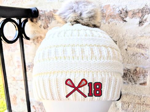 Women's Custom Lacrosse LAX Sticks Beanie Hat Cap, Optional Player Jersey Team Number, Monogrammed Winter Sewn Toque, Spirit Wear Games Mom Friend Wife Gift Clothing Present Embroidered Dark Grey in Kuwait