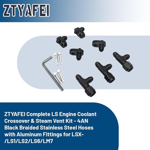 مجموعة 4AN كاملة من الألومنيوم لتنفيس البخار وخرطوم التبريد المتقاطع لمحركات LS/LSX/LS1/LS2/LS6/LM7 - أسود من الفولاذ المقاوم للصدأ مضفر مع الأجهزة in Kuwait