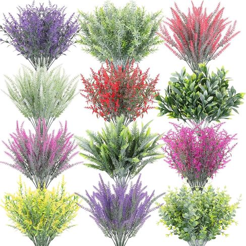 Zeyune 36 Bundles Artificial Flowers Flocked Plastic Flowers Artificial Frosted Green Plants UV Resistant Fake Realistic Eucalyptus Violet Lavender Plants for Home Wedding Kitchen Garden Patio Decor in Saudi Arabia