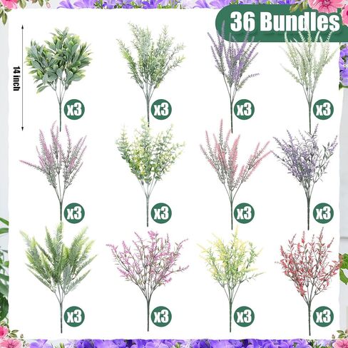 Zeyune 36 Bundles Artificial Flowers Flocked Plastic Flowers Artificial Frosted Green Plants UV Resistant Fake Realistic Eucalyptus Violet Lavender Plants for Home Wedding Kitchen Garden Patio Decor in Saudi Arabia