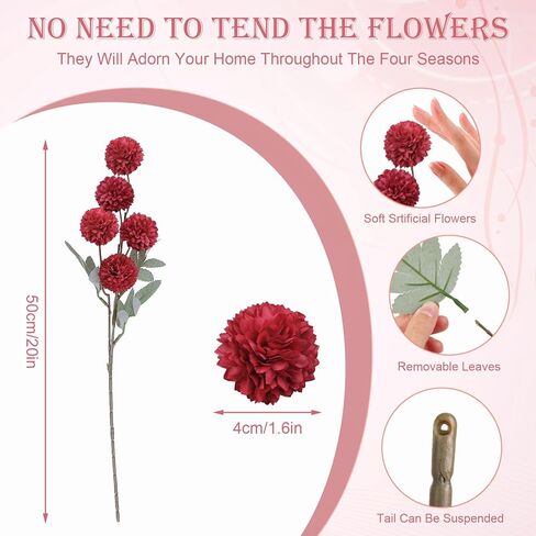 INQCMY Artificial Flowers 12pcs Ball Chrysanthemums for Weddings Silk with Stemsdiy Champagne Bouquets Indoor and Outdoor Decoration Kitchen Table Decor (Red) in Saudi Arabia
