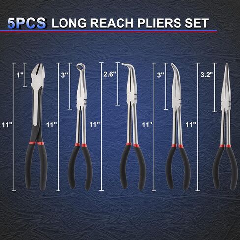 Mayouko 5PCS Extra Long Needle Nose Pliers Set, 11" Long Reach Straight, 45&90 Degree Bent Nose, Circle Nose and Diagonal Pliers for Narrow Spaces and Limited Areas in Saudi Arabia