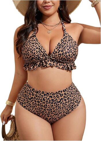 Women's Plus Size Leopard Bikini Set Two Piece Swimsuits Cheetah Halter High Waisted Bathing Suits Beachwear in Saudi Arabia