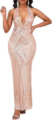 VERWIN Women's Sequin Halter V Neck Formal Sleeveless Bodycon Sparkly Prom Evening Party Backless Maxi Dress in Saudi Arabia