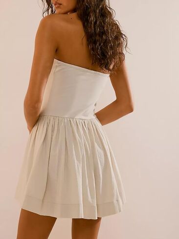 Womens Strapless Mini Dress Summer Tube Top Dresses Patchwork Pleated Drop Solid Waist Flared Beach Dress Beige in Kuwait