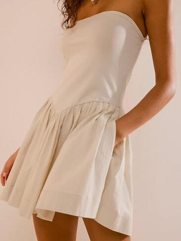 Womens Strapless Mini Dress Summer Tube Top Dresses Patchwork Pleated Drop Solid Waist Flared Beach Dress Beige in Kuwait