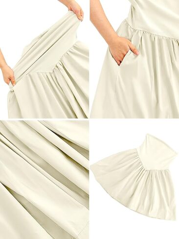 Womens Strapless Mini Dress Summer Tube Top Dresses Patchwork Pleated Drop Solid Waist Flared Beach Dress Beige in Kuwait