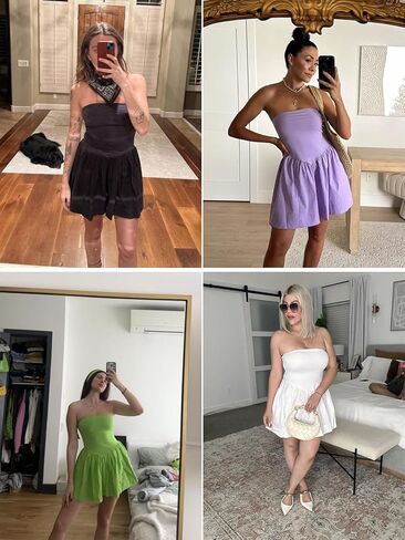 Womens Strapless Mini Dress Summer Tube Top Dresses Patchwork Pleated Drop Solid Waist Flared Beach Dress Beige in Kuwait