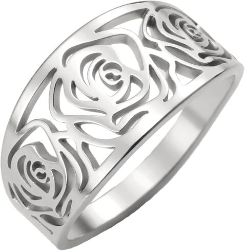 TEAMER Rose Flower Ring Stainless Steel Geometric Hollow Rose Flower Ring True Love Wedding Band Jewelry for Women in Saudi Arabia