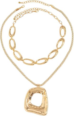 Gold Chunky Necklace for Women Layered Golden Irregular Geometric Hollow Square Pendant Necklace Punk Hip-Hop Oval Chain Necklaces Fashion Accessories Vintage Statement Jewelry​ in Saudi Arabia