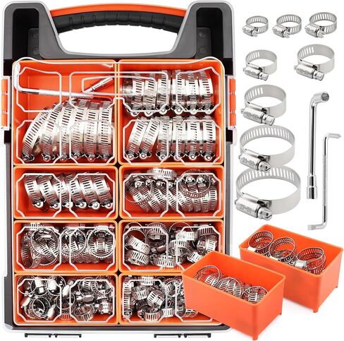 175PCS 304 Stainless Steel Hose Clamps Assortment Kit 1/4"–2" Worm Gear Hose Clamp for Radiator,Heater,Automotive,Mechanical Applications,Pipe,Tube,Coolant,Garden in Kuwait