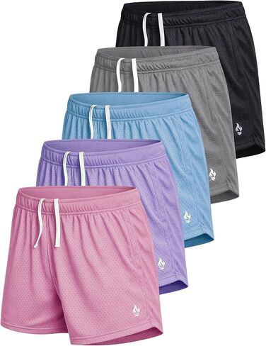 5-Pack Women's Athletic Shorts Mesh Basketball, Ladies Active Loose Pull-On Shorts with Zipper Pockets, 5" Inseam (Set 6, XX-Large) in Saudi Arabia