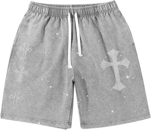 Fkatuzi الرجال المسيحية الإيمان حجر الراين الصليب الرسم Y2k السراويل الصالة الرياضية تجريب حمض رياضي غسل السراويل الشارع الشهير القطن in Kuwait