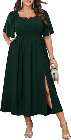 Plus Size Maxi Dress for Women Short Sleeve Elegant Square Neck Smocked A Line Pockets Side Slit Flowy Long Dresses in Kuwait
