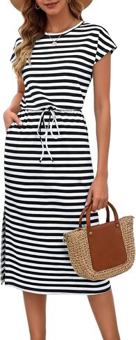 MISFAY Womens Summer Maxi Dress Striped Split Cap Sleeve Beach Vacation Casual Long Sundresses 2026 with Pockets in Kuwait