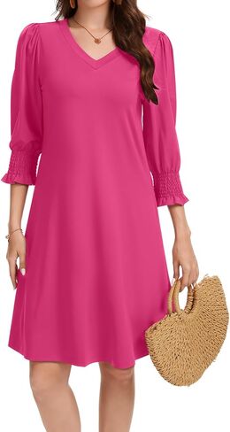 Women's Casual Loose Midi Dress V-Neck Fluffy Sleeves Ruffle Cuffs with Pockets in Saudi Arabia