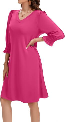 Women's Casual Loose Midi Dress V-Neck Fluffy Sleeves Ruffle Cuffs with Pockets in Saudi Arabia