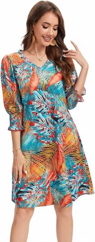 Women's Casual Loose Midi Dress V-Neck Fluffy Sleeves Ruffle Cuffs with Pockets in Kuwait