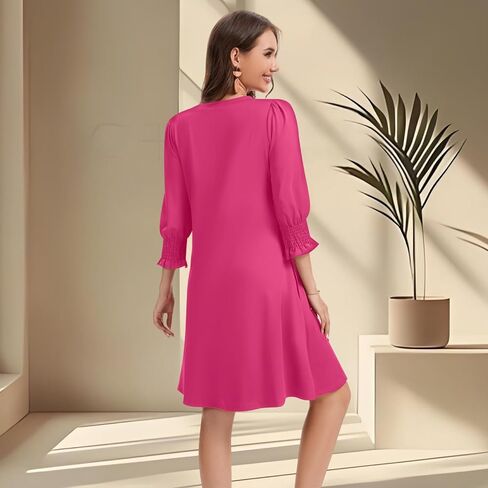 Women's Casual Loose Midi Dress V-Neck Fluffy Sleeves Ruffle Cuffs with Pockets in Saudi Arabia