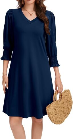 Women's Casual Loose Midi Dress V-Neck Fluffy Sleeves Ruffle Cuffs with Pockets in Saudi Arabia