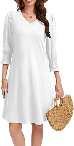 Women's Casual Loose Midi Dress V-Neck Fluffy Sleeves Ruffle Cuffs with Pockets in Saudi Arabia