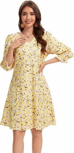 Women's Casual Loose Midi Dress V-Neck Fluffy Sleeves Ruffle Cuffs with Pockets in Saudi Arabia