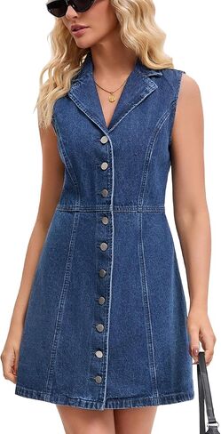 Women's Denim Mini Dress Sleeveless Button Down V Neck Summer Jean Dresses in Saudi Arabia