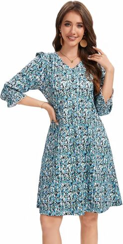 Women's Casual Loose Midi Dress V-Neck Fluffy Sleeves Ruffle Cuffs with Pockets in Saudi Arabia