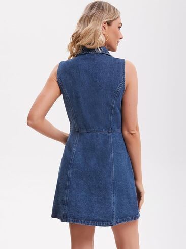 Women's Denim Mini Dress Sleeveless Button Down V Neck Summer Jean Dresses in Saudi Arabia