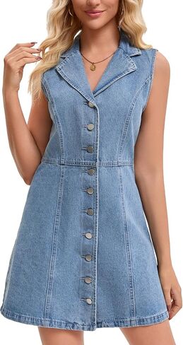 Women's Denim Mini Dress Sleeveless Button Down V Neck Summer Jean Dresses in Kuwait