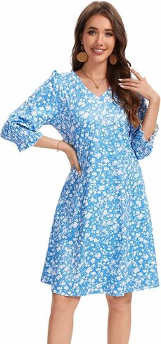 Women's Casual Loose Midi Dress V-Neck Fluffy Sleeves Ruffle Cuffs with Pockets in Saudi Arabia