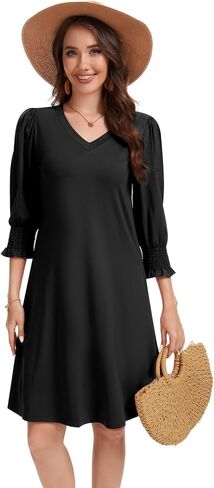 Women's Casual Loose Midi Dress V-Neck Fluffy Sleeves Ruffle Cuffs with Pockets in Saudi Arabia