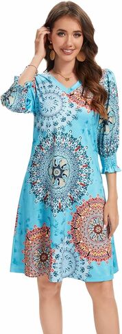 Women's Casual Loose Midi Dress V-Neck Fluffy Sleeves Ruffle Cuffs with Pockets in Saudi Arabia