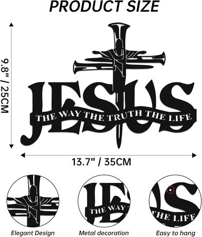 JEWLOVE Jesus on Cross Metal Wall Art، ديكور حائط متقاطع مسيحي مع الأظافر والكتاب المقدس، ديكور ديني للمنزل والكنيسة، علامة مسيحية معدنية سوداء، 13.8 بوصة × 9.8 بوصة in Kuwait