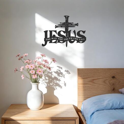 JEWLOVE Jesus on Cross Metal Wall Art، ديكور حائط متقاطع مسيحي مع الأظافر والكتاب المقدس، ديكور ديني للمنزل والكنيسة، علامة مسيحية معدنية سوداء، 13.8 بوصة × 9.8 بوصة in Kuwait