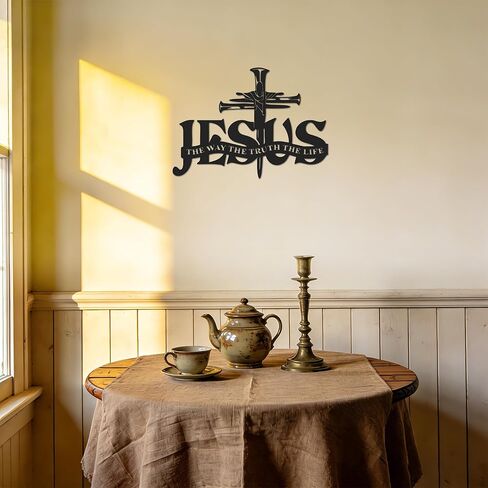 JEWLOVE Jesus on Cross Metal Wall Art، ديكور حائط متقاطع مسيحي مع الأظافر والكتاب المقدس، ديكور ديني للمنزل والكنيسة، علامة مسيحية معدنية سوداء، 13.8 بوصة × 9.8 بوصة in Kuwait