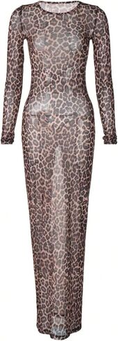 SHENHE Women's Y2k Leopard Print Sheer Maxi Bodycon Dress Long Sleeve Cheetah Print Sexy Dress in Saudi Arabia