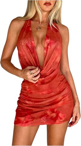 SOLY HUX Women's Floral Halter Mini Dress Deep V Neck Draped Sleeveless Ruched Backless Bodycon Vacation Party Dresses in Saudi Arabia