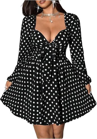 Women's Plus Size Polka Dots Short Dress Tie Front Sweetheart Neck Long Sleeve A Line Party Club Dresses in Saudi Arabia