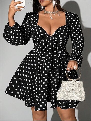 Women's Plus Size Polka Dots Short Dress Tie Front Sweetheart Neck Long Sleeve A Line Party Club Dresses in Saudi Arabia