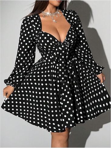 Women's Plus Size Polka Dots Short Dress Tie Front Sweetheart Neck Long Sleeve A Line Party Club Dresses in Saudi Arabia