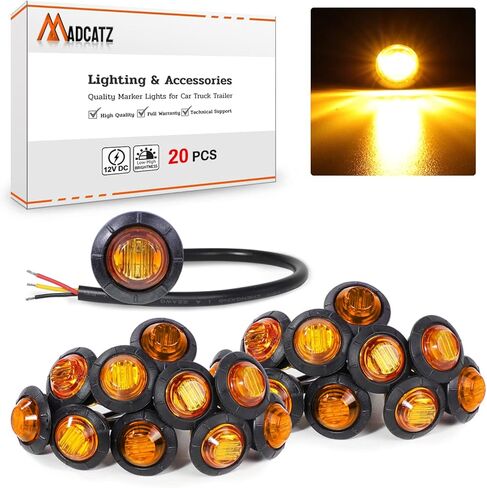 MADCATZ (Pack of 20) 3/4 Inch Mini Round Clear Lens Red 3 LED Side Marker Indicator Lights with Black Grommets Trailer Bus Lorry Cabin Shockproof 12V DC Two Step Bright 3Led-HL in Kuwait