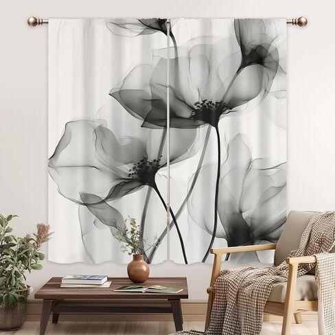 ستائر زهرية رمادية لغرفة النوم 42 عرض × 63 ارتفاع بوصة قضيب جيب أبيض وأسود حبر زهرة ألوان مائية ربيع بساطتها الحديثة البسيطة الجمالية 2 لوحة معالجة النافذة لديكور غرفة المعيشة in Kuwait