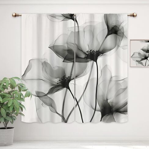 ستائر زهرية رمادية لغرفة النوم 42 عرض × 63 ارتفاع بوصة قضيب جيب أبيض وأسود حبر زهرة ألوان مائية ربيع بساطتها الحديثة البسيطة الجمالية 2 لوحة معالجة النافذة لديكور غرفة المعيشة in Kuwait