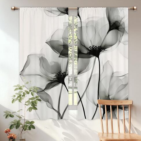 ستائر زهرية رمادية لغرفة النوم 42 عرض × 63 ارتفاع بوصة قضيب جيب أبيض وأسود حبر زهرة ألوان مائية ربيع بساطتها الحديثة البسيطة الجمالية 2 لوحة معالجة النافذة لديكور غرفة المعيشة in Kuwait
